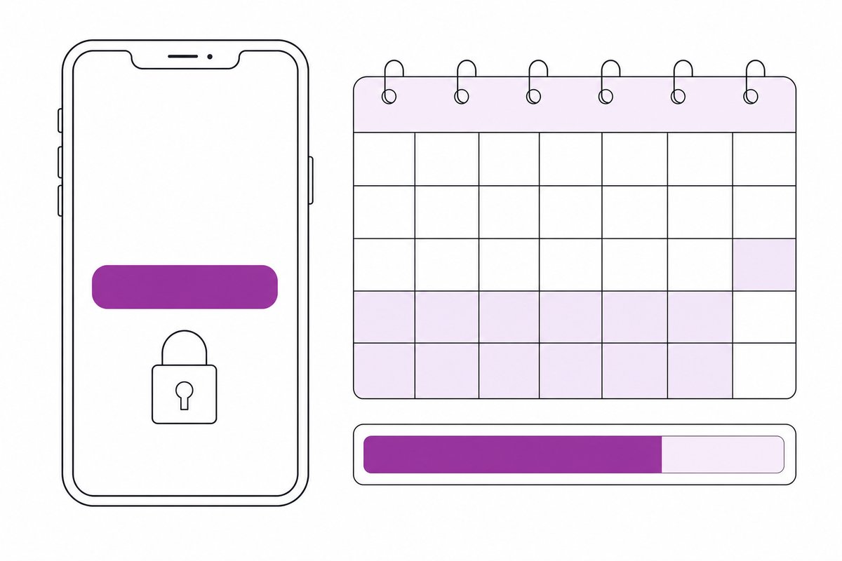 Zeichnung: ein Smartphone mit Bezahlfeld und Schloss neben einem Monatskalender mit einem zu zwei Dritteln gefüllten Balken